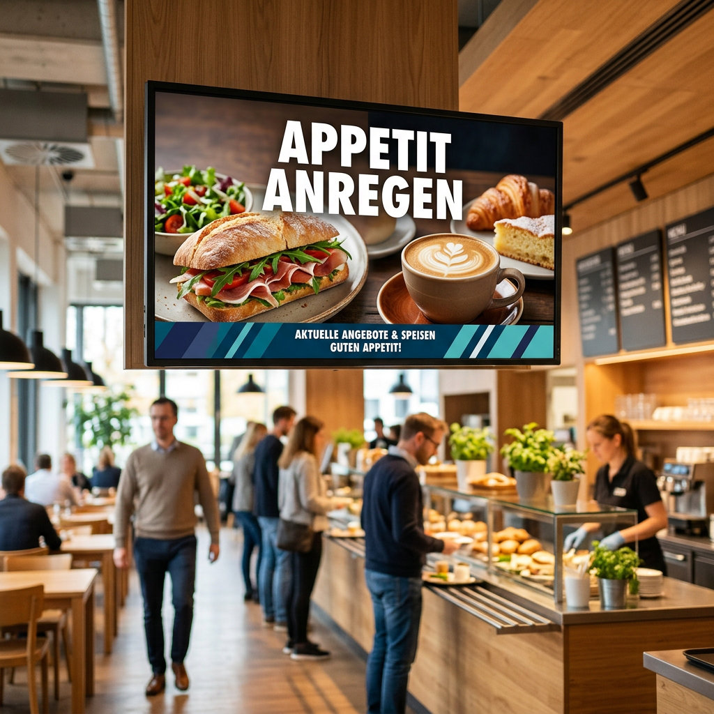 Digitales Menüboard in einer modernen Bäckerei und Kantine