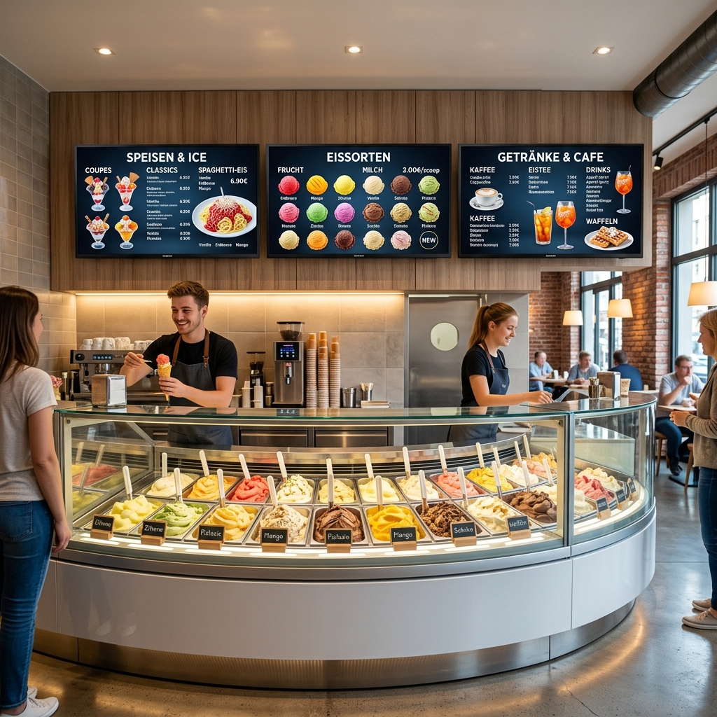 Digitales Menüboard in einem Eiscafe und Kiosk