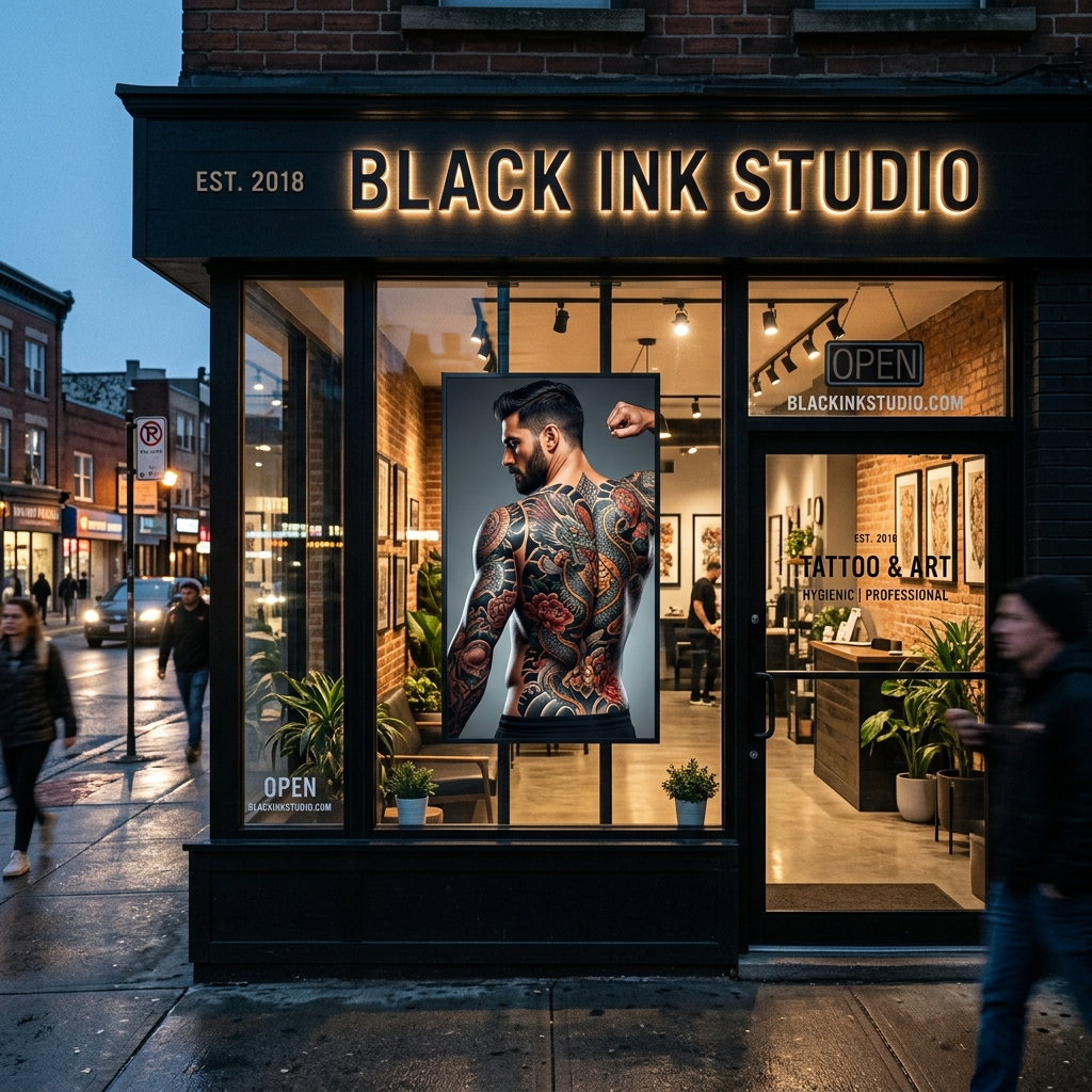 Tattoo-Studio Schaufenster Werbung: Kunst, Kult & Hype