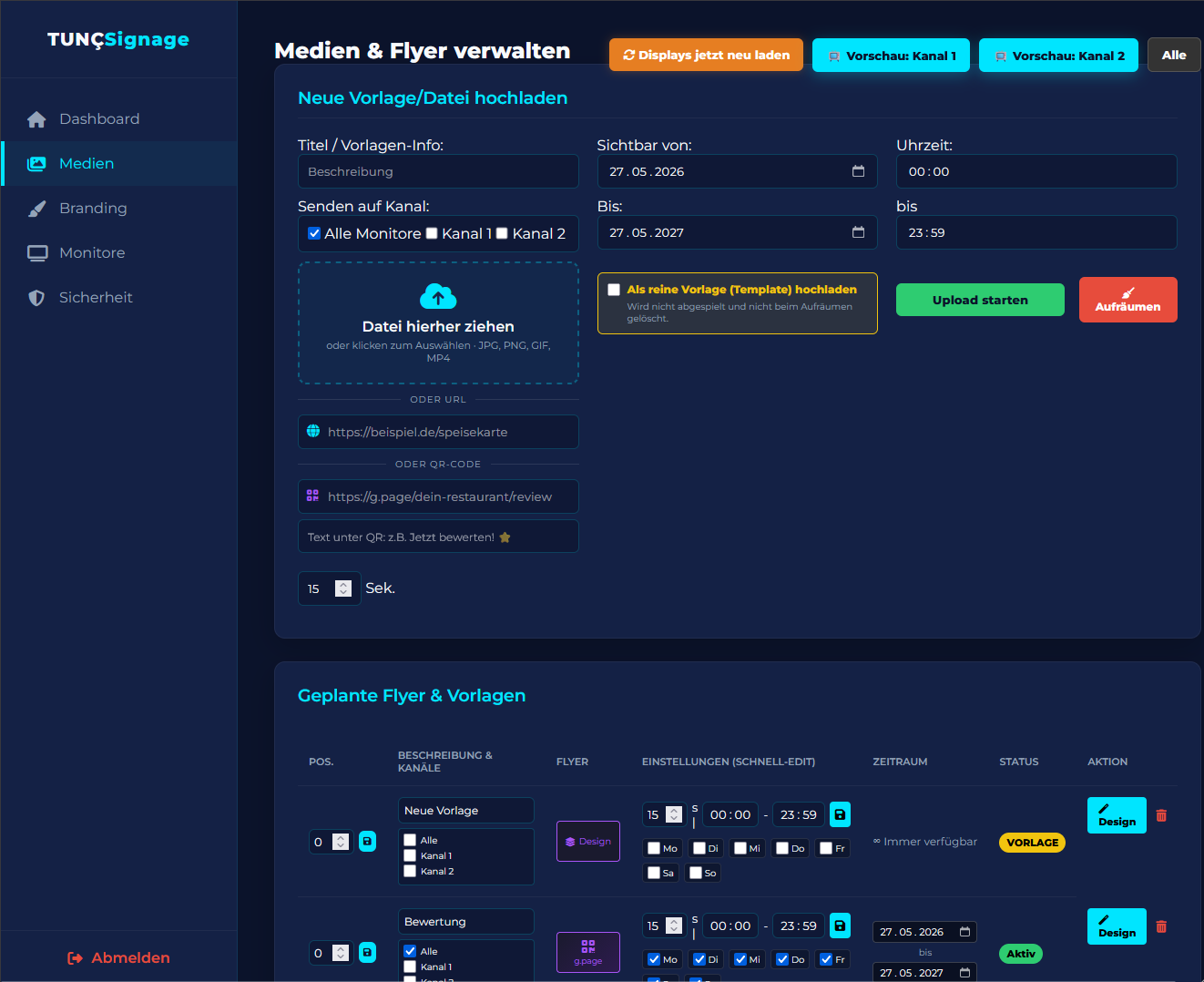 TUNÇ Signage Upload – Bilder und Videos per Drag & Drop hochladen